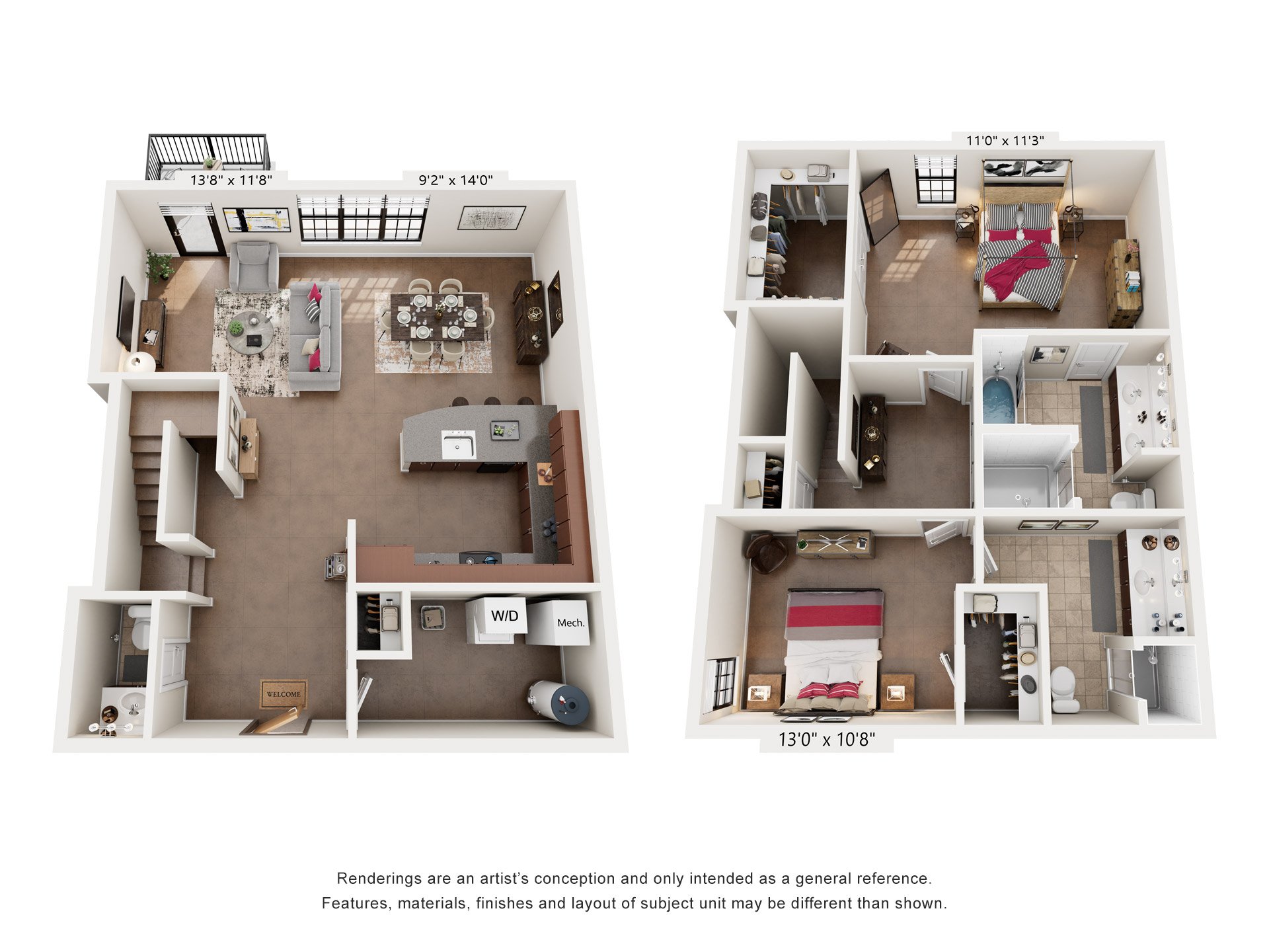 Floor plan for 2 beds, 2.5 baths, 1505 sqft